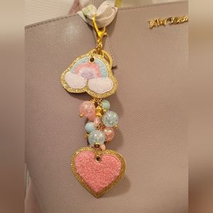 OOAK Crackle Bead Purse Charm Hearts and Rainbow